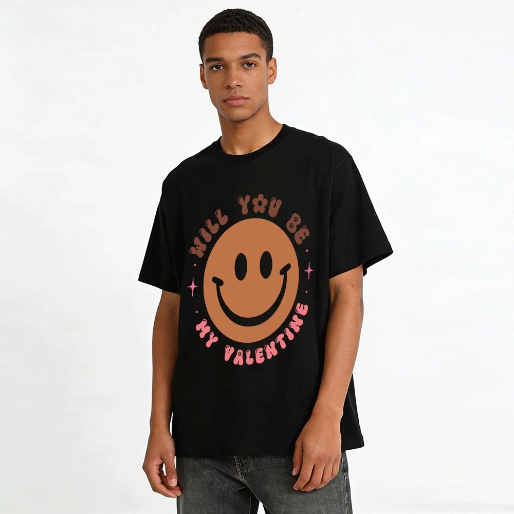 Will You Be My Valentine Retro Smiley Face Graphic Tee Pure cotton T-shirt