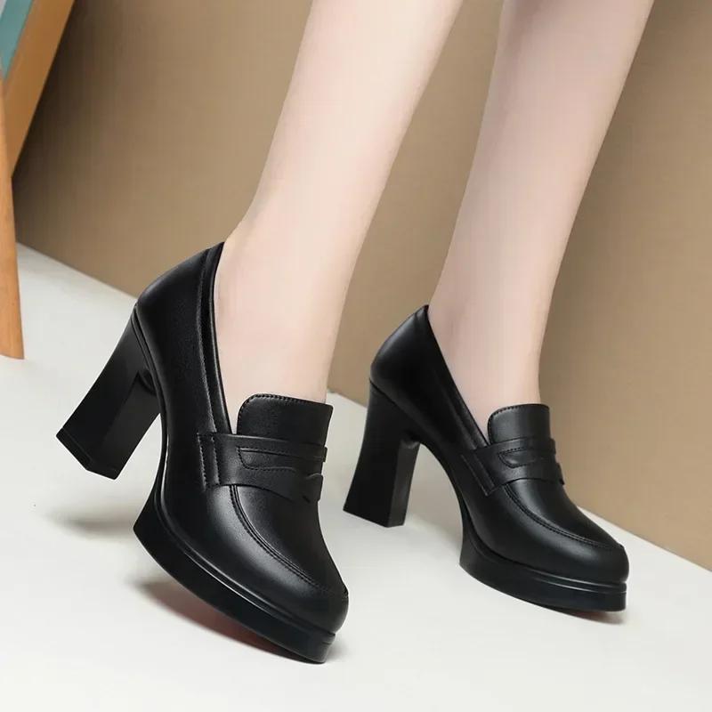 Fashion Comfortable Black Soft Leather Shoes Deep Mouth Spring  Block Heels Shoes Women for Office Mom Model Versatile