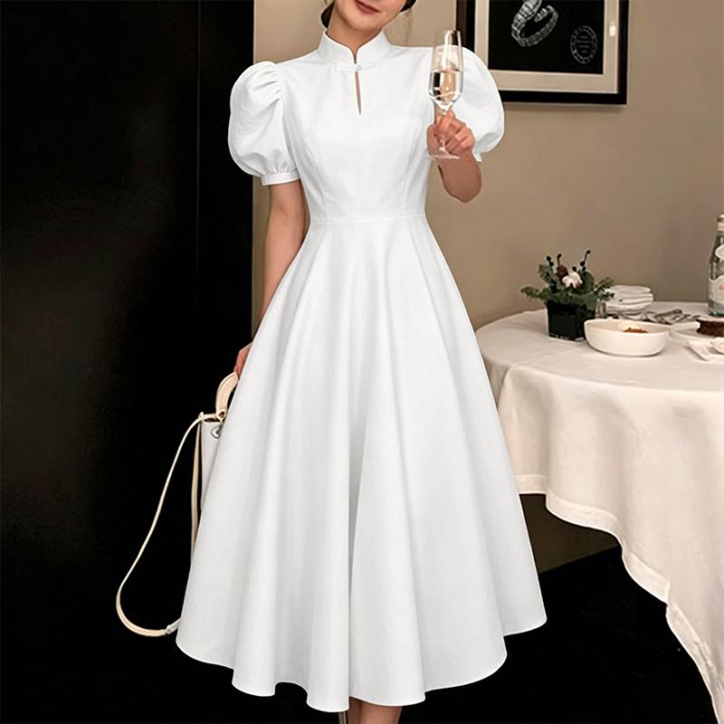 ZANZEA Women Casual Round Neck Puff Short Sleeve Elegant Dress S