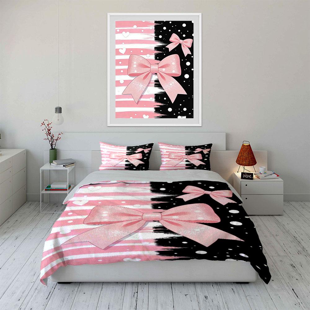 Pink Bows, Stripes, Dots. Bedding Sets Duvet Cover Sets Duvet Covers Pillowcases(1 * Duvet Cover 2 * Pillowcases, Without Duvet Insert)
