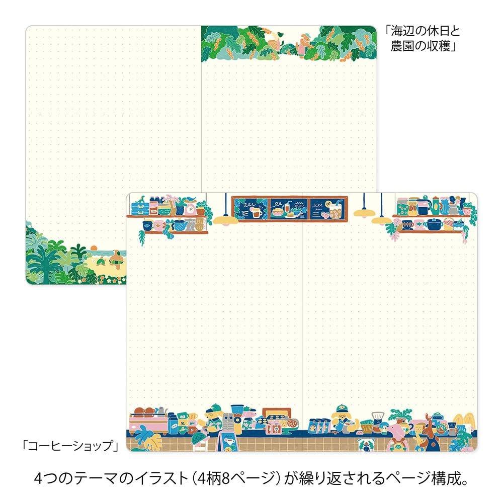 Midori Designphil Yuru Log B6 Dot Grid Notebook, Coffee Shop Pattern, 80 Pages, Thread-Stitch Binding, 15401006