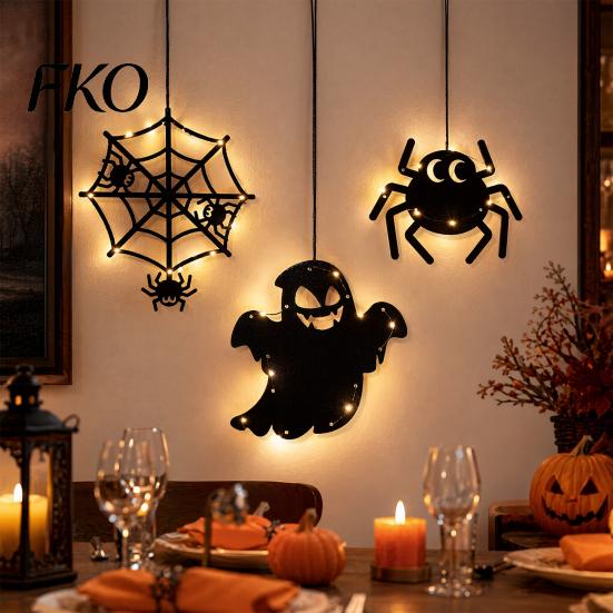 Cool Halloween Designs Pumpkin Hanging Decor, Non-Woven Ghost Ornament with Light String, Spooky Holiday Decorations Door Wall Decor for Party
