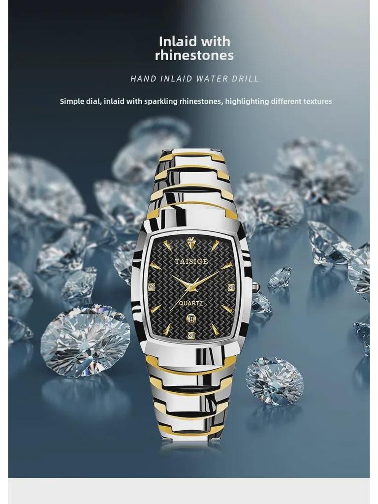 TAISIGE Men's Black Steel Quartz Watch with Square Grid Dial and Calendar