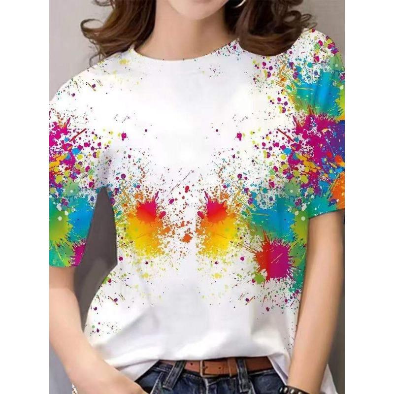New Arrival Street Style Rainbow 3D Digital Print Short Sleeve T-Shirt Women's Fashionable round Neck Top plus Size INS