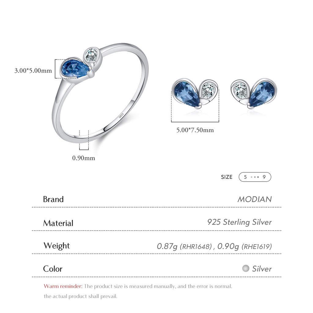 MODIAN 925 Silver Simple Tiny Romantic Blue & Pink CZ Hearts Jewelry Sets For Women Fashion Rings & Stud Earrings
