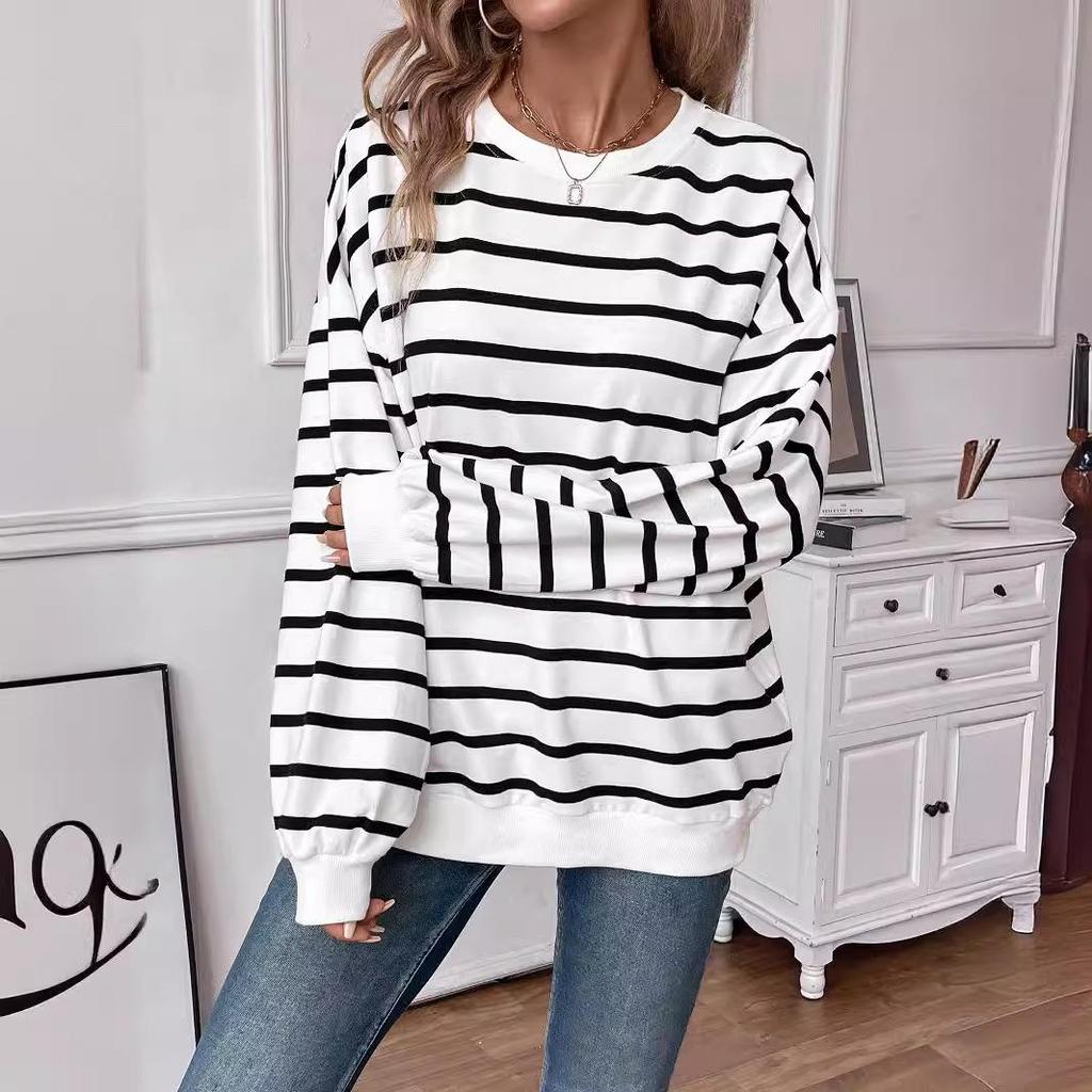 Women's Autumn and Winter Oversized Loose Casual Striped Long Sleeve Sweatshirt