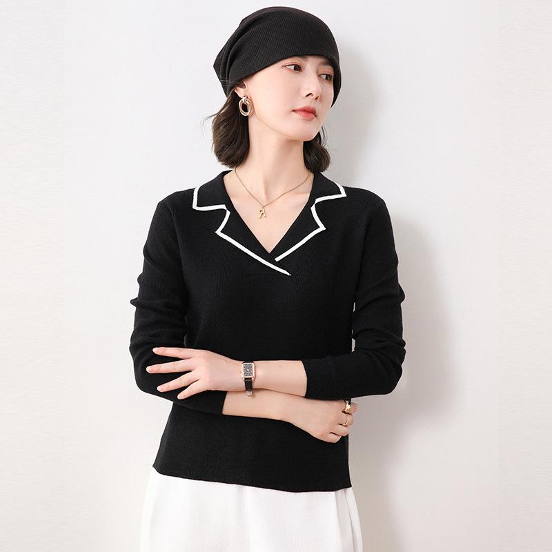

Contrasting color lapel neck long-sleeved knitted sweater women s thin new spring and autumn high-end polo collar slim-fitting pullover sweater XXL