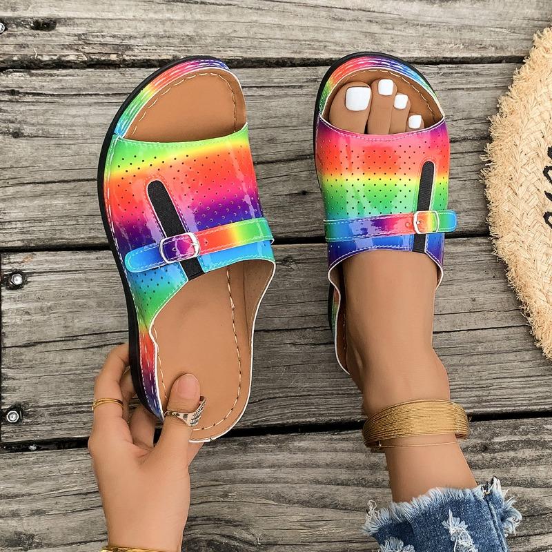 Large size thick-soled hollowed-out one-word slippers women's open-toed sewing line slope heel beach cool slippers wis