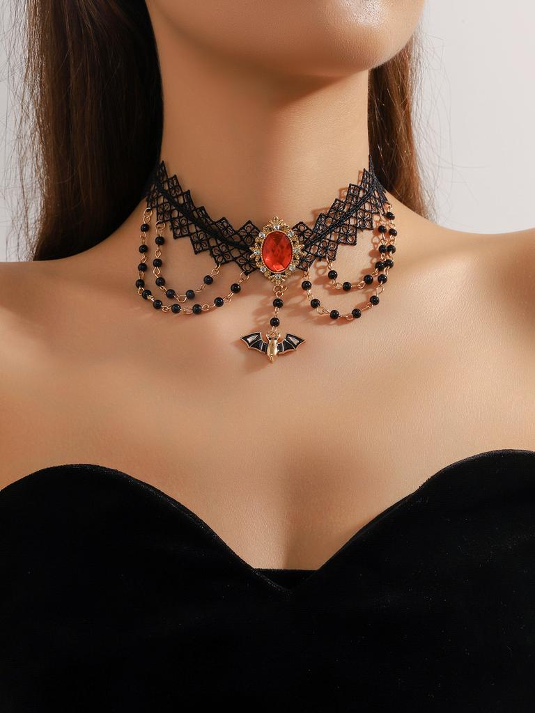 Vintage Black Lace Rose Necklace Bracelet Ring Set Women's Dinner Party, Dark Wind Neck Chain Bracelet