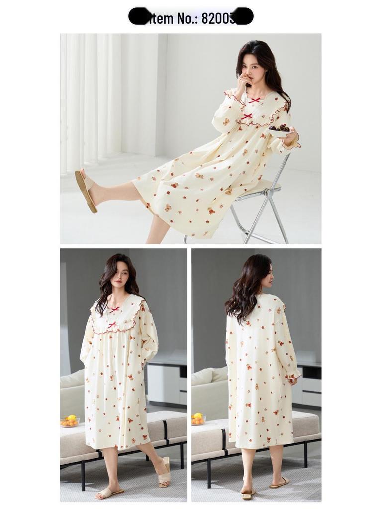 Nattlinne för gravida i koreansk stil för kvinnor, 100% ren bomull, antibakteriellt, långärmat - Lös passform för höst/vinter/vår