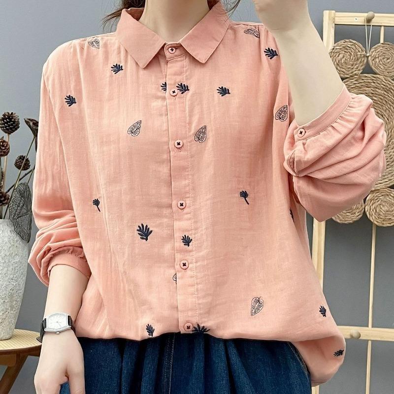 Women lapel leaf embroidery linen long sleeve shirt multi color loose casual bubble cuff button blousee