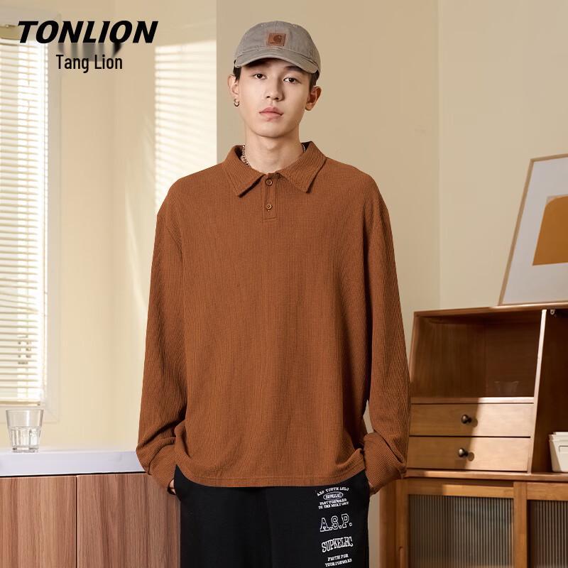 TonLion Men's Waffle Knit Long Sleeve Polo Shirt