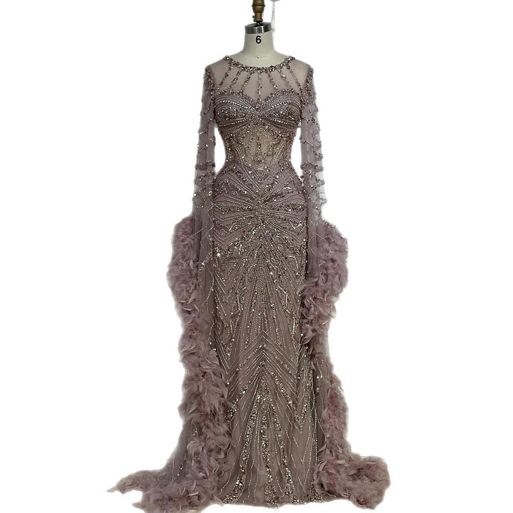 Silver caramel high-end atmospheric bead feather fishtail dress banquet host dress LA11108A