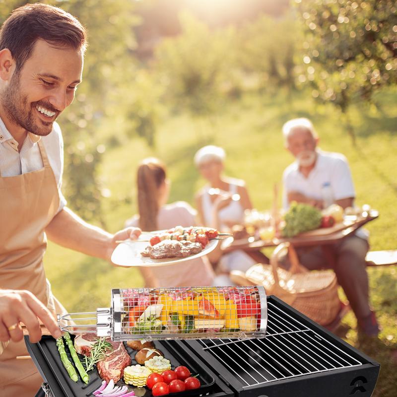 Grill Baskets for Outdoor Grill Stainless Steel Rolling Grilling Basket Portable Outdoor Camping BBQ Rack with Wood Handle