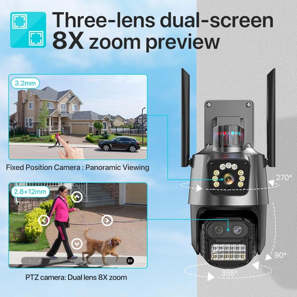 LS VISION Cámara PTZ Exterior UE 9MP 4K HD Zoom Híbrido 8X Tres Lentes Doble Pantalla Cámara IP Wifi 4MP Alarma Luz Policial Vigilancia CCTV ICSee