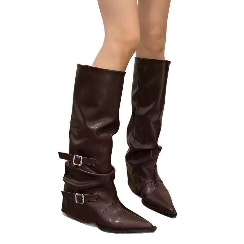 Bottes à boucle de ceinture bottes à talons épais bottes longues femme babes européennes et américaines bottes hautes pointues noires bottes pantalon