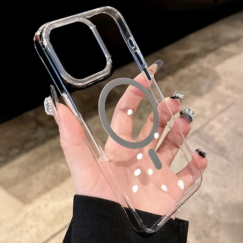 For Magsafe Phone Case For iPhone 17 16 15 14 13 Pro Max Plus 16e 17 Air Metal Buttons Transparent Clear PC Hard Cover