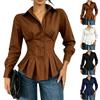 Women Long Sleeve Button Down Shirt Ruffled Waist Peplum Blouse Tailored Fit Collared Shirt Casual Office Wear