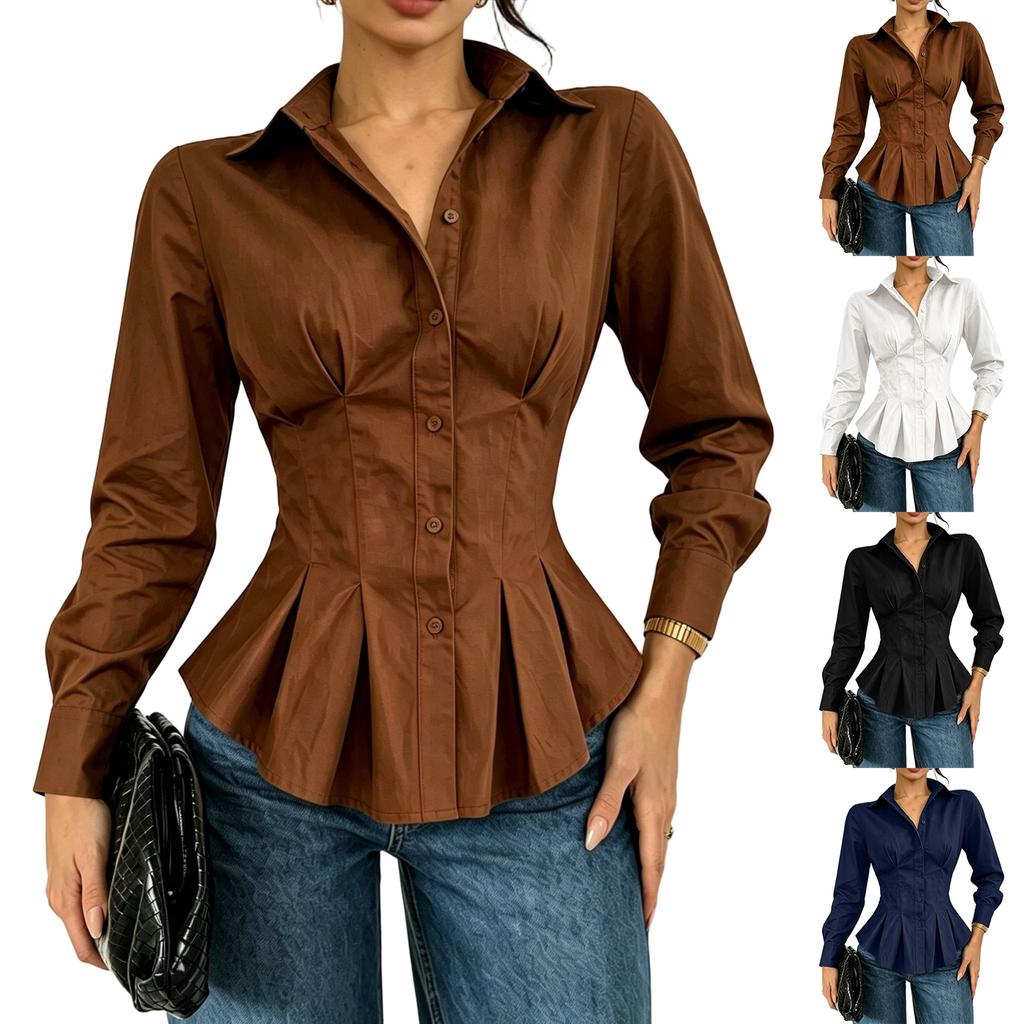 Women Long Sleeve Button Down Shirt Ruffled Waist Peplum Blouse Tailored Fit Collared Shirt Casual Office Wear