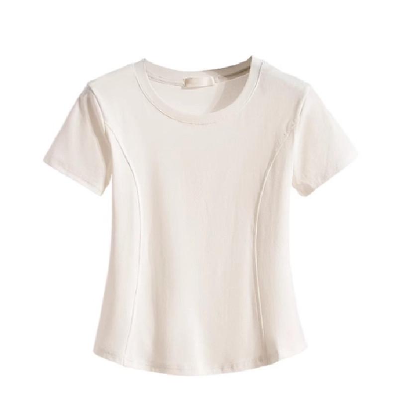 Women's Slim Fit Long Sleeve Herringbone T-Shirt - Round Neck, White, for Spring, Autumn, and Winter.