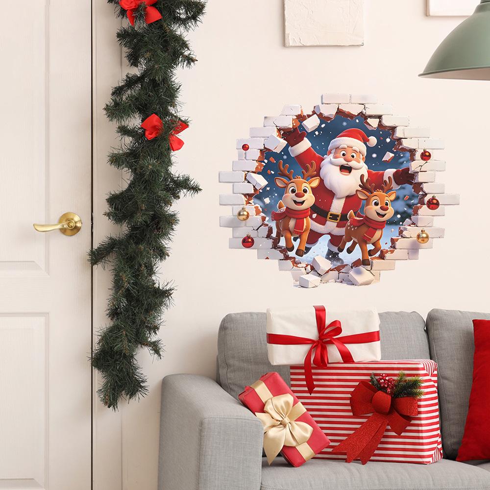 3D Wall Breaking Santa Claus Reindeer Wall Sticker Self Adhesive Living Room Bedroom Entryway Decor