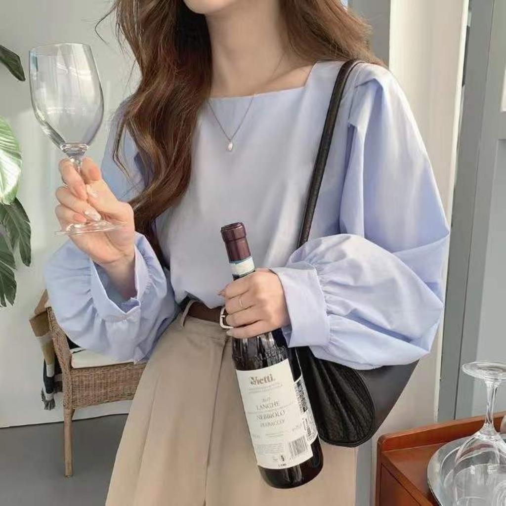 Women's Square Neck Puff Sleeve Loose Long Sleeve Top