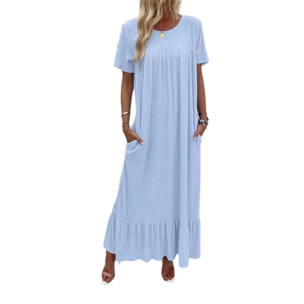 Damen Retro langes Kleid mit kurzen Ärmeln Rundhalsausschnitt lässig einfarbig Rüschensaum Kleid