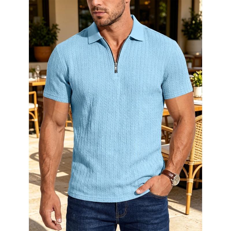 Summer Men's Textured Jacquard Half Zipper Lapel Polo Shirt Breathable Loose American Casual Short Sleeves