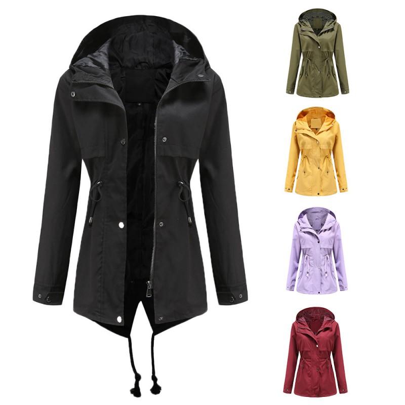 Lett hette-trenchcoat for kvinner, mellomlang regnjakke med snøring i midjen - Kasual chic yttertøy