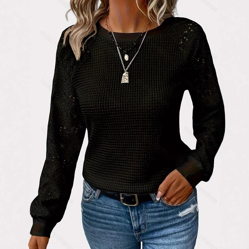 Women's Lace Top Crew Neck Long Sleeve Openwork Slim Fit Casual Blouse