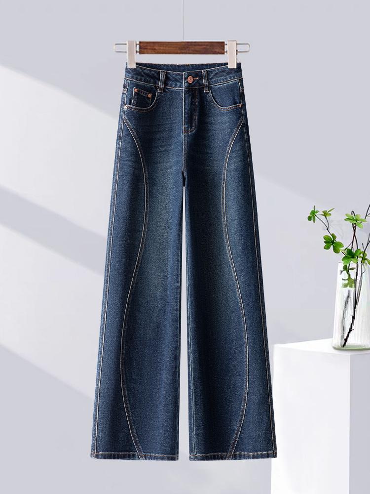 Women's Retro Blue Wide-Leg High-Waist Fleece-Lined Jeans: Autumn/Winter 2025 Collection