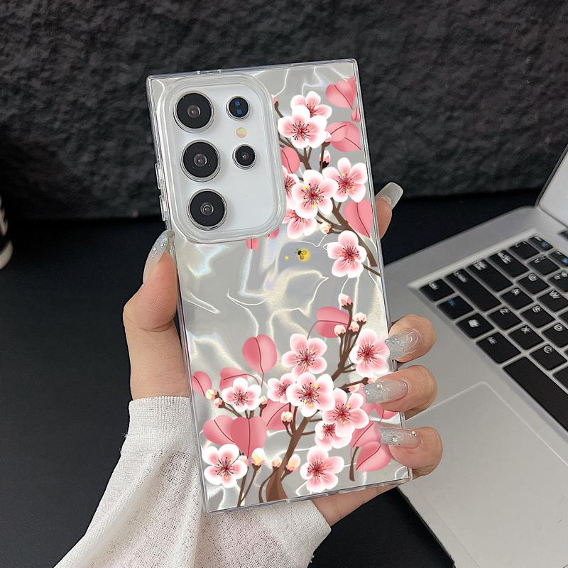 Motif Floral Pailleté Étui Arrière Slim Rigide en PC Pour Samsung S25 Ultra S24 FE S23 A36 A56 A16 A55 Plume Étincelant Antichoc Bord Souple TPU Coque de Téléphone