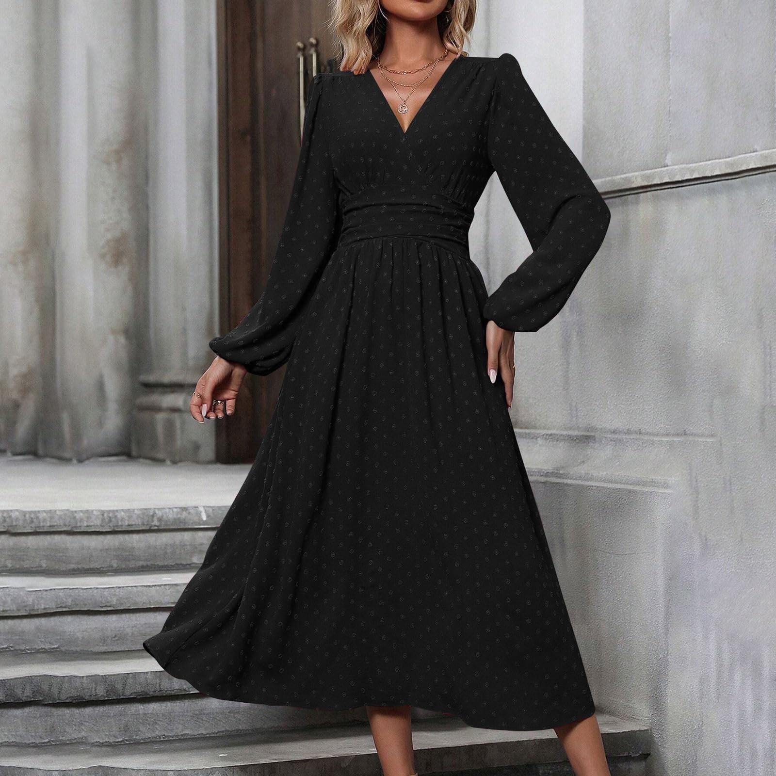 

Женское модное однотонное платье с V-образным вырезом, длинными рукавами и плиссировкой, универсальное XXL чёрный