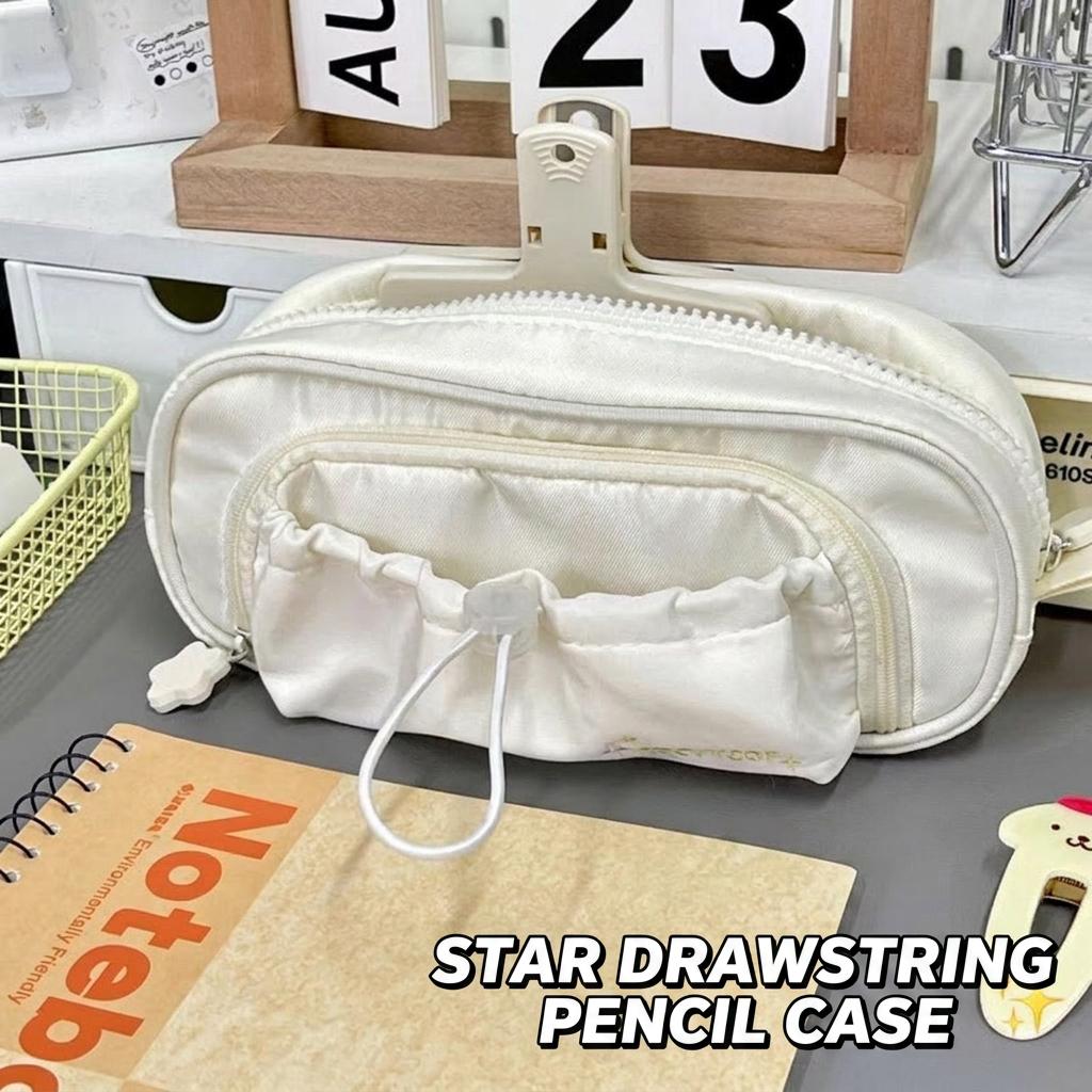 Star Drawstring Pencil Bag, Eco-friendly Large Capacity Double Layer Multi-compartment Stationery Storage Pouch for Students белый