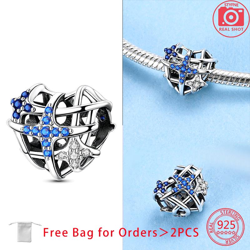 Copper Blue Zircon Heart Love Starry Sky Moon Stars Charms Beads Fit Diy Bracelet Women Jewelry Delicate Fine Gift