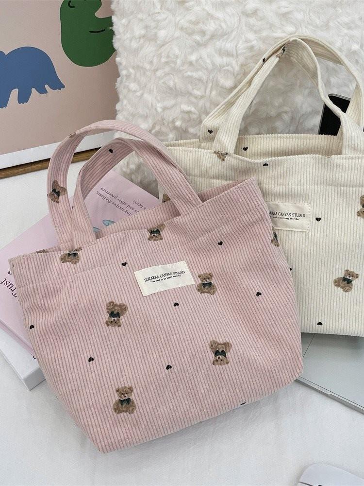 Cozy Corduroy Bear Tote Bag For Women In Soft Colors Ideal For Work And Outings