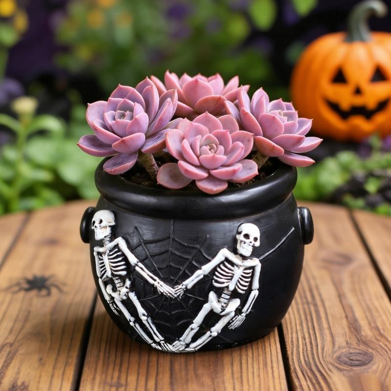 Gothic Succulents Planter, Halloween Skull Cauldron Pot In Resins for Table Decors, Small Flower Container for Shelf and Window Display