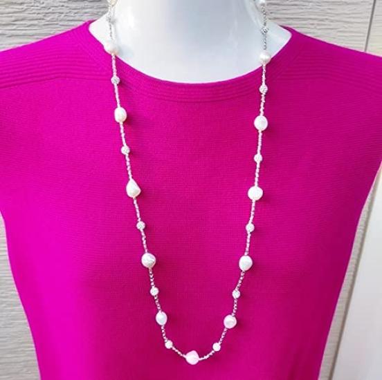 Pearl Long Freshwater White No Brass and Perfect for Outings [BIJOU YASUO] Women's Necklace, Pearl, Clasp, Sparkling, 80cm, Resin,