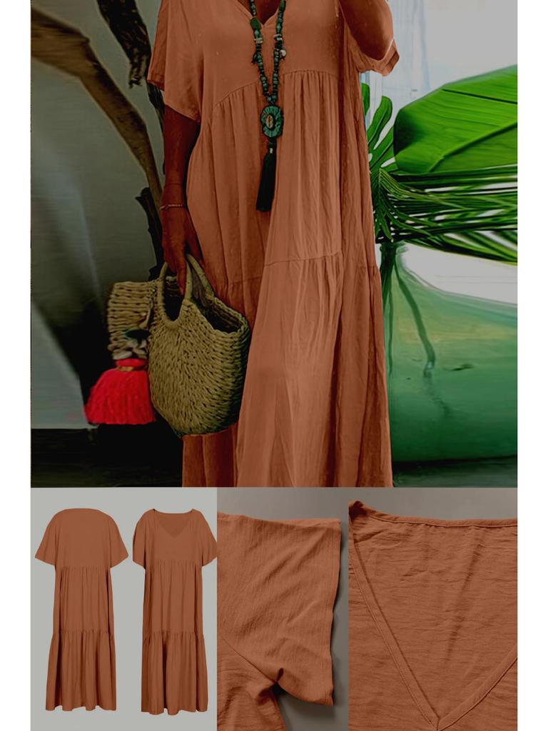 2025 Sommer Damen Einfarbig Locker Kurzarm Schwingkleid