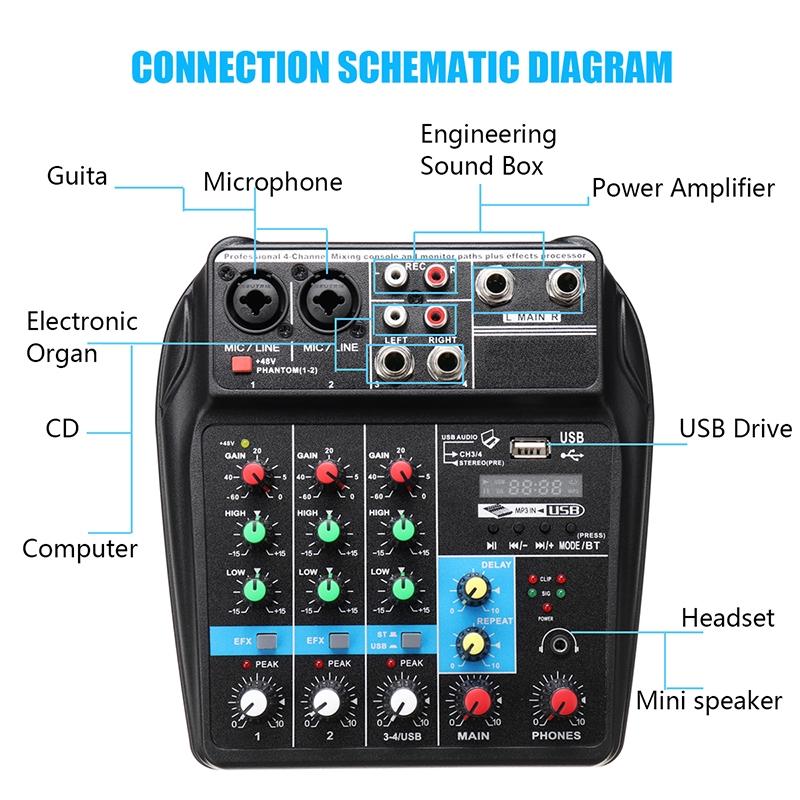 Portable 4 Channels Audio Audio Mixer A4 Sound Mixing Console Bluetooth Record 48V Phantom Powe EffectsMixer with USB New