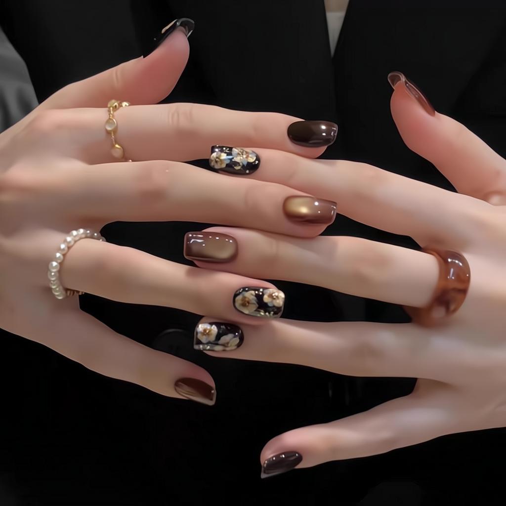 Press on Nails Square Fake Nails with Glitter Design Artificial Acrylic Nails Glossy False Nails Full Cover Stick on Nails Glue on Nails for Women