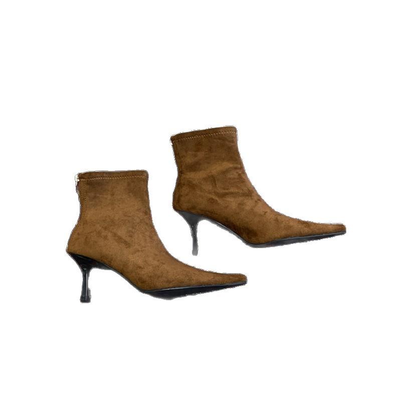 2025 autumn and winter new pointed short boots women's boots French short tube niche thin boots women's suede Martin boots