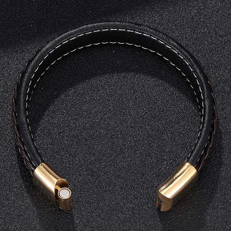 Bracelet punk en cuir pour hommes, fermoir magnétique en acier inoxydable doré, cadeau tendance, BB0212