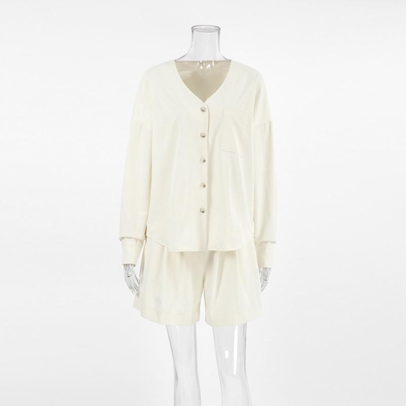 Womens 2025 Fall Solid Color V-Neck Shirt Shorts 2-Piece Set Casual Office Workwear
