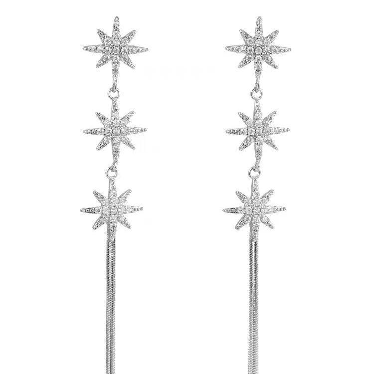 S925 Silver Starry Tassel Earrings: Elegant Eight-Pointed Star Design for Women