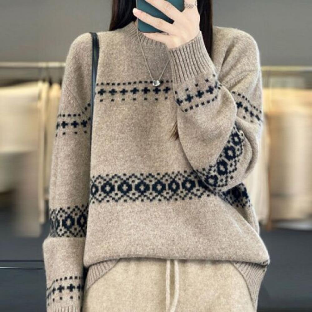 Navava Warm Pattern Point Round Neck Long Sleeve Knit Sweater Nk3519