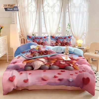 3pcs Valentine's Day Romantic Pink Love Goblin Dwarf Print Coreless Down Duvet Cover Set Multi Size Bedroom Bedding Decoration