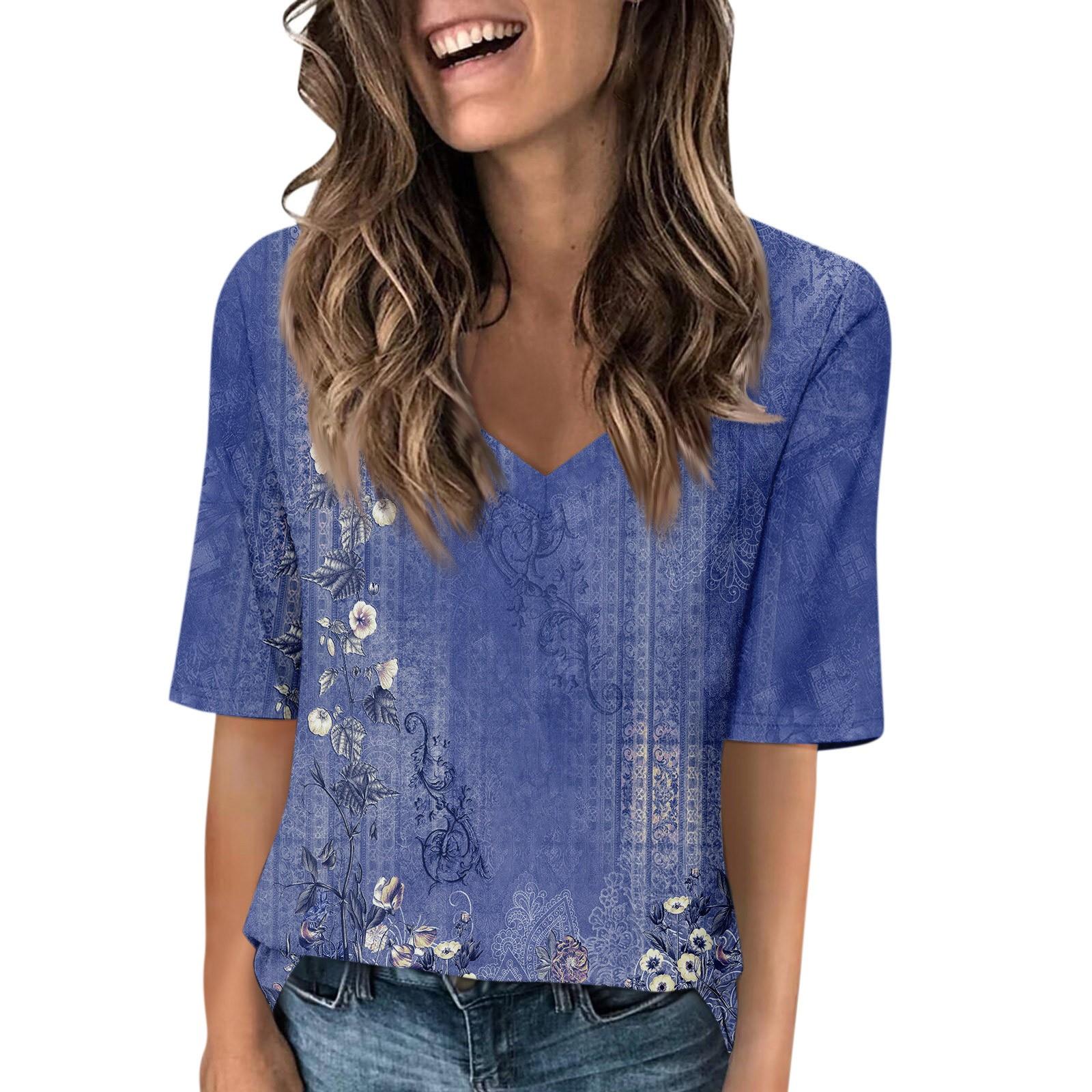 

Женские футболки с V-образным вырезом, топы с половиной рукавов, повседневные летние футболки с принтом, футболка, блузка M синий