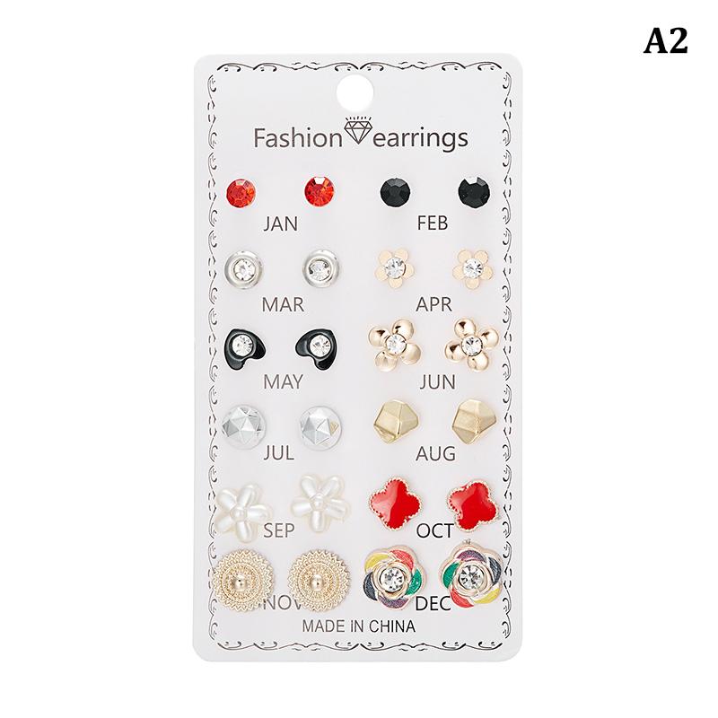 12Pairs Combination Stud Earrings Set  Imitation Pearl Flower Heart Star Small Earrings For Women Mix Style Month Jewelry