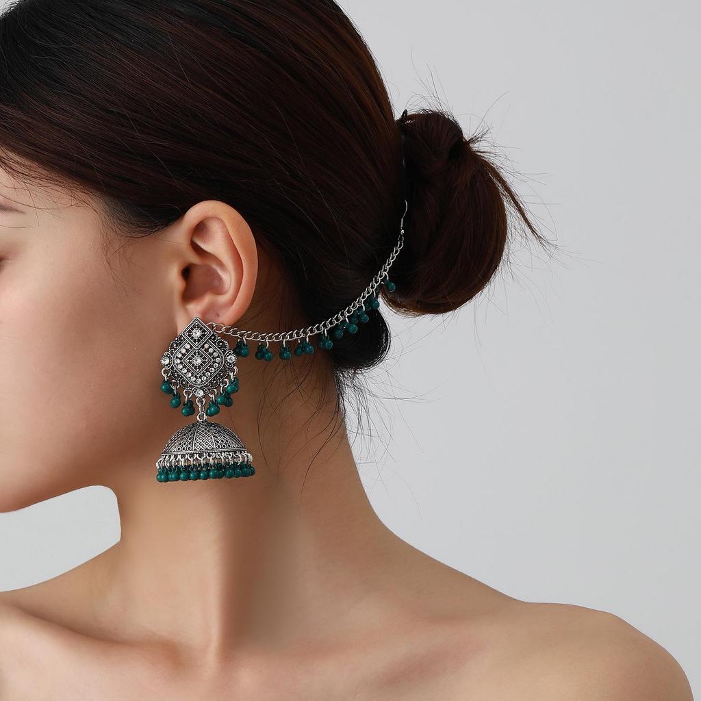 Bohemian Exotic Rhinestone Tassel Necklace & Earrings Set In Antiqued Alloy